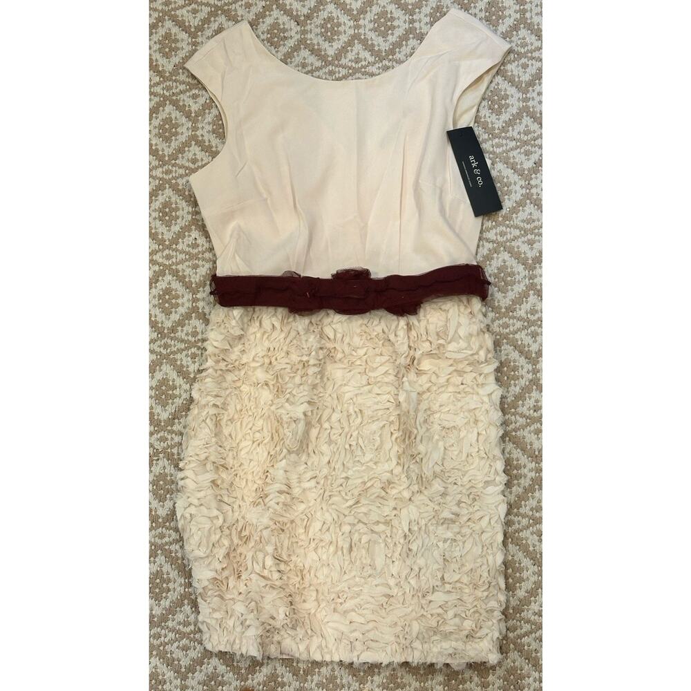 Ark & Co. Beige Cream Cap Sleeve Dress w/ Ruffle Skirt and Maroon Belt - Size M